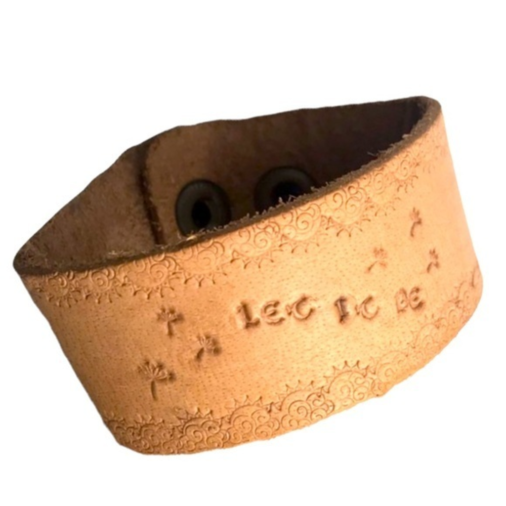 Handmade tooled natural‎ tan 100% leather  “let it be”adjustable cuff bracelet
